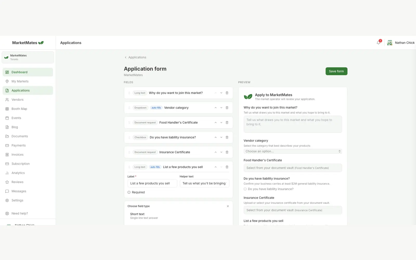 Screenshot of the operator application form builder