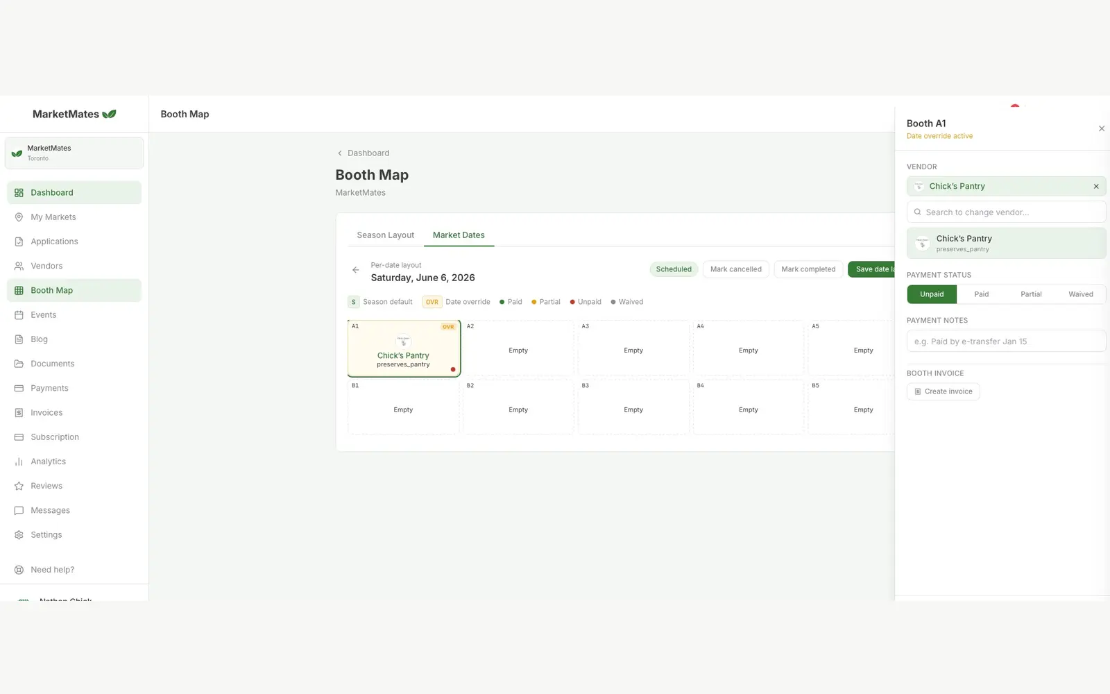Screenshot of the visual booth map and vendor assignments