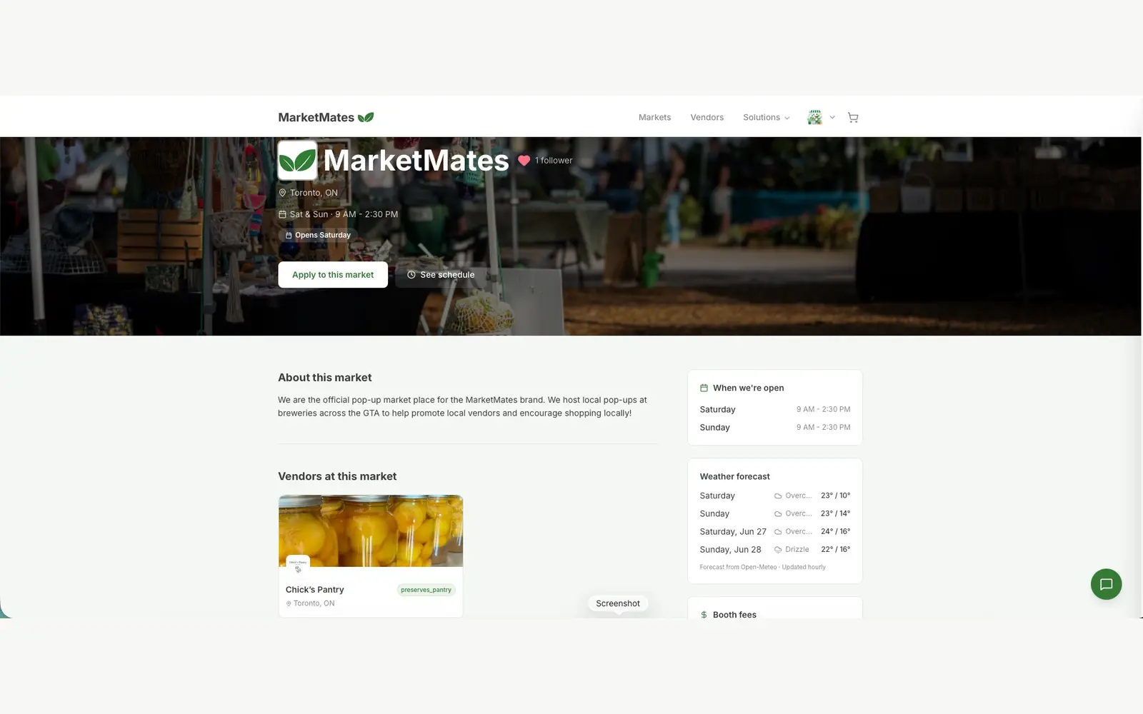 Screenshot of the public market profile page
