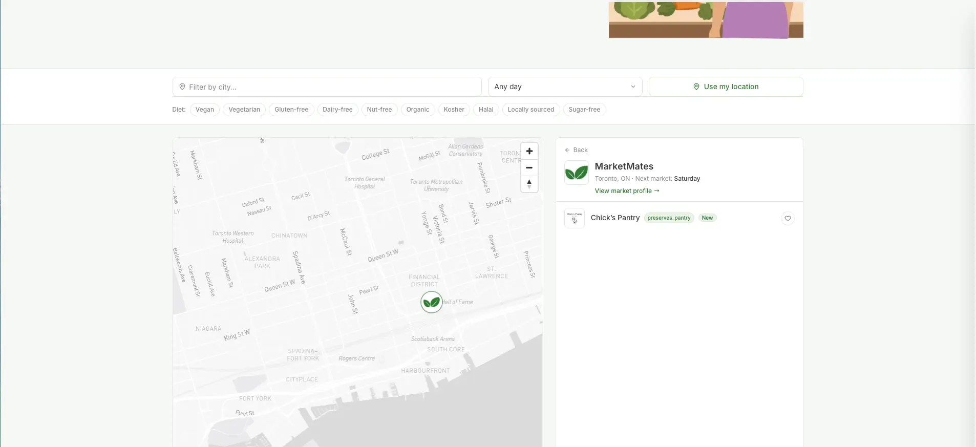 Screenshot of the browse markets page