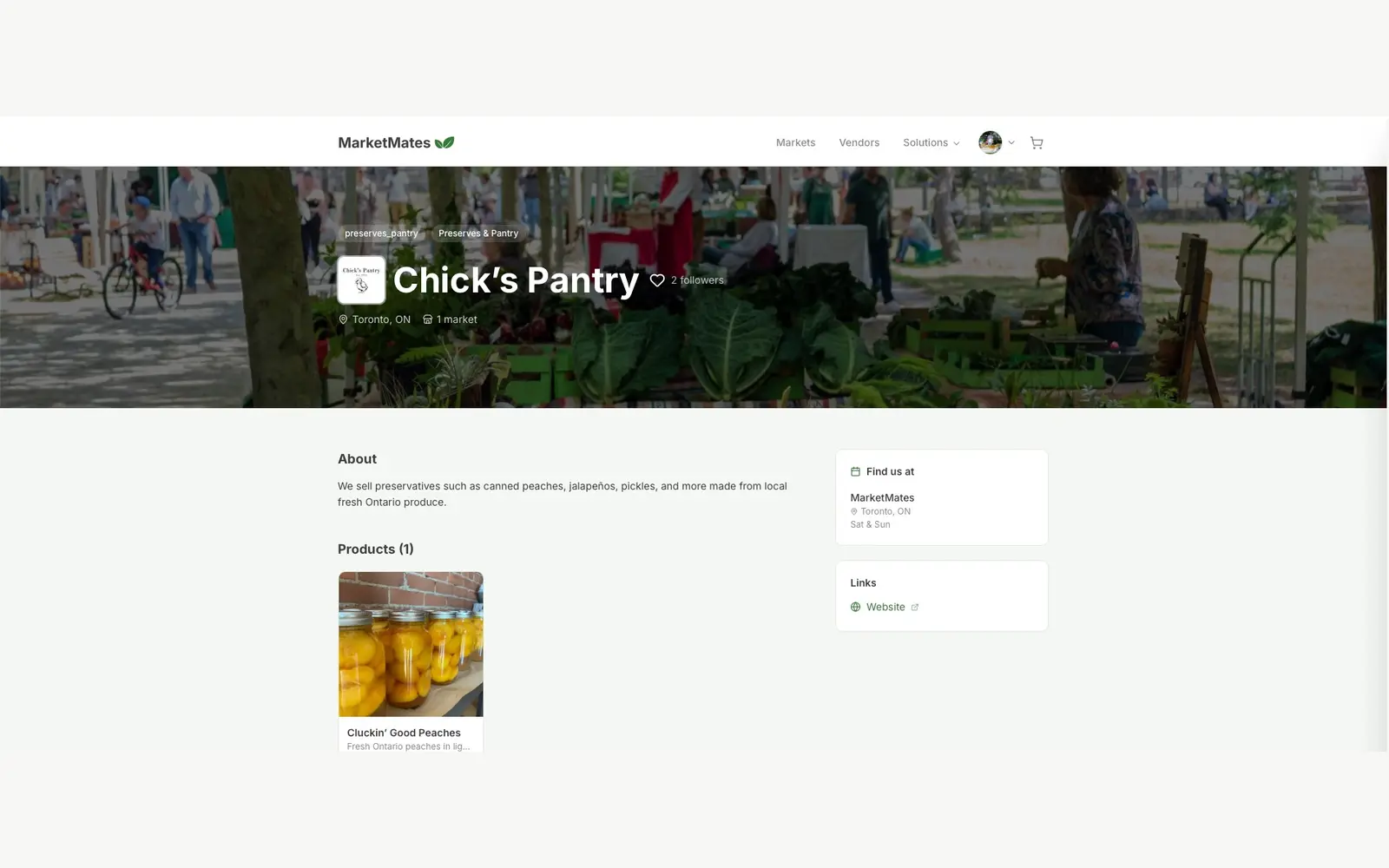 Screenshot of a vendor profile page